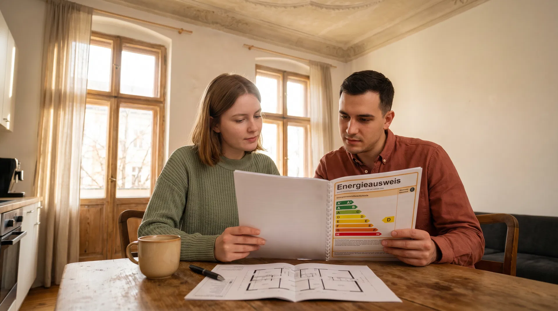 Junge Familie liest Energieausweis beim Hauskauf in Berlin – Immobilienberatung RockImmos