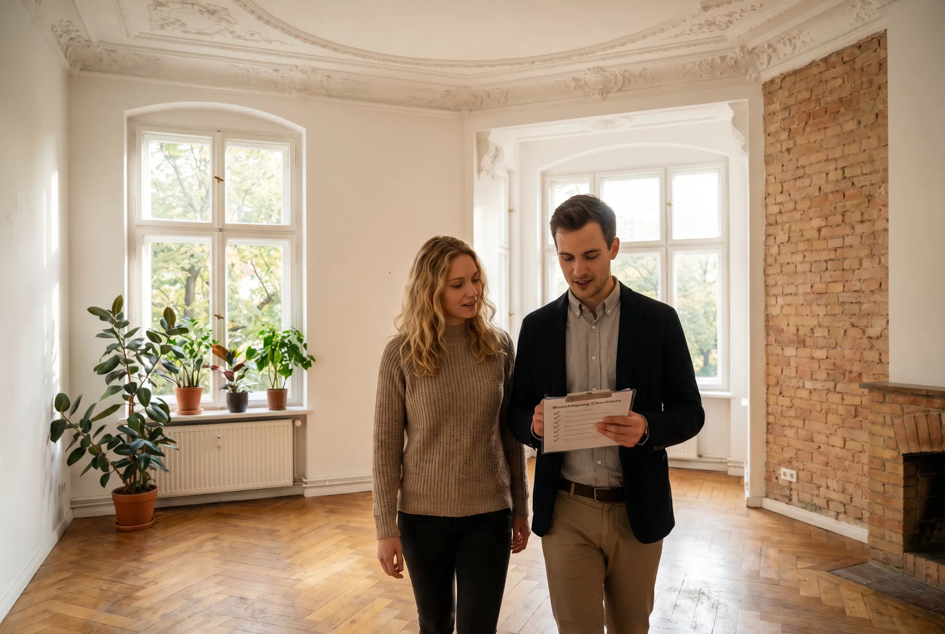 Uta Möllmann von RockImmos mit Klemmbrett bei einer Immobilienbesichtigung in Berlin — Checkliste für Familien 2026