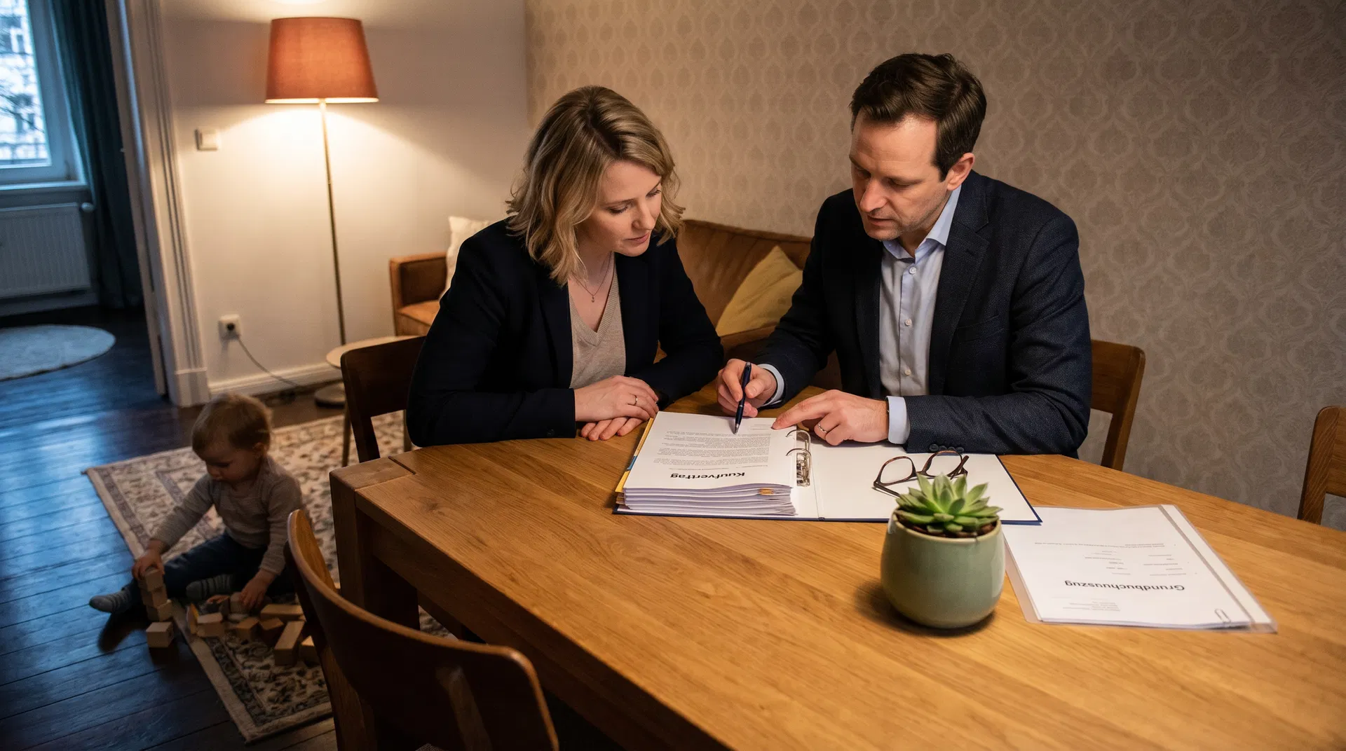 Familie prüft Kaufvertrag beim Hauskauf mit Notarunterlage auf dem Tisch – Immobilienberatung RockImmos Berlin