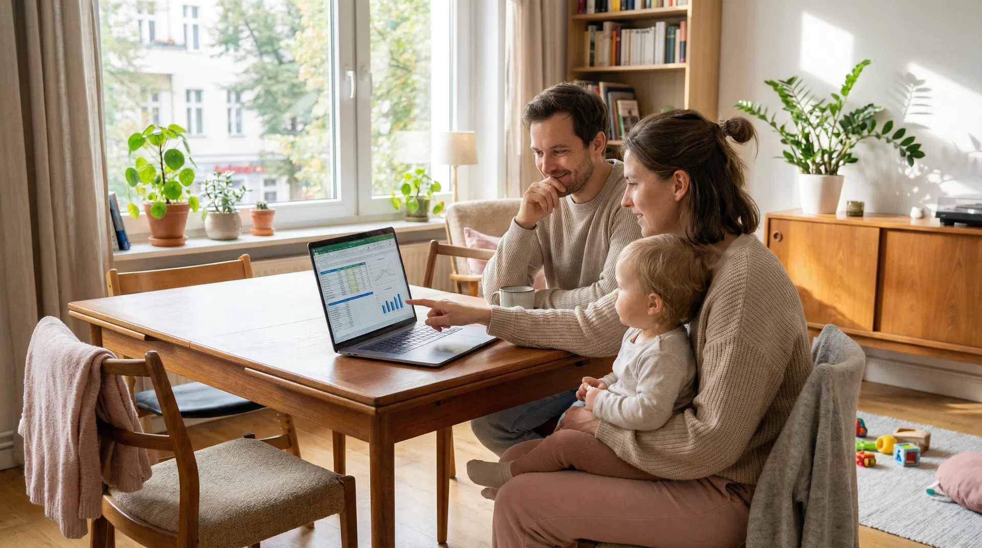 Wie viel Haus kann ich mir leisten - Familie berechnet Hauskauf-Budget am Laptop - Berlin - RockImmos