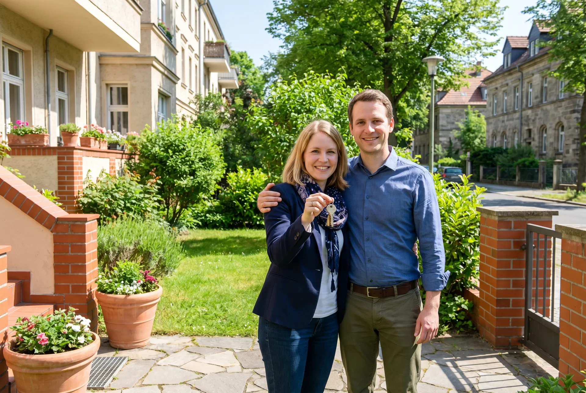 Paar mit Hausschlüssel vor Berliner Haus - Hauskauf mit 8000 Euro netto - RockImmos
