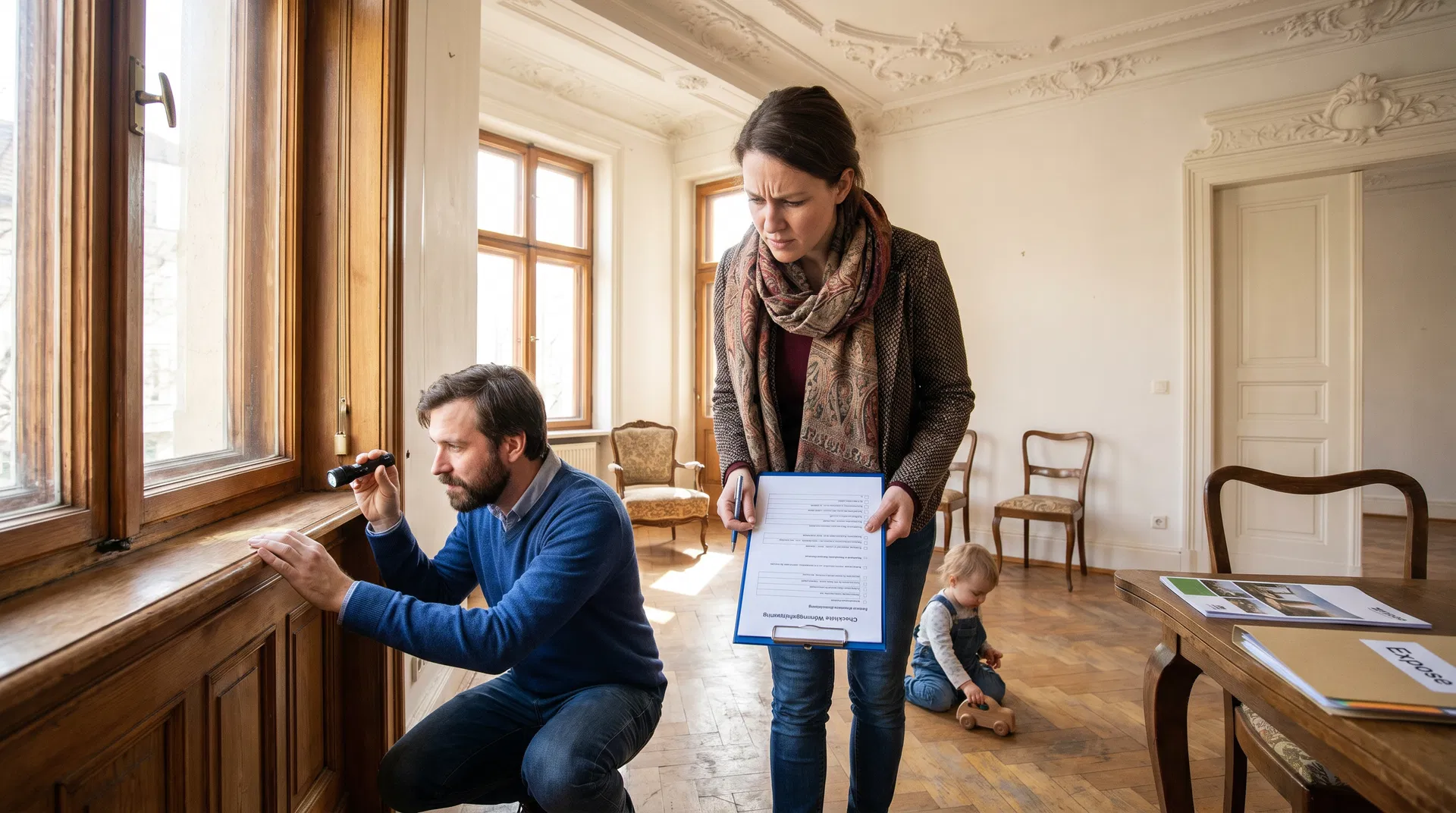 Familie mit Immobilienökonomin bei zweiter Besichtigung eines Berliner Altbaus – Checkliste und Fragenliste in der Hand