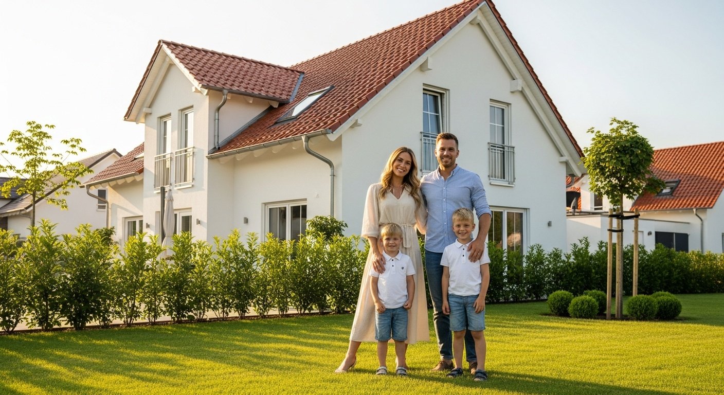 Glückliche Familie vor ihrem neuen Eigenheim