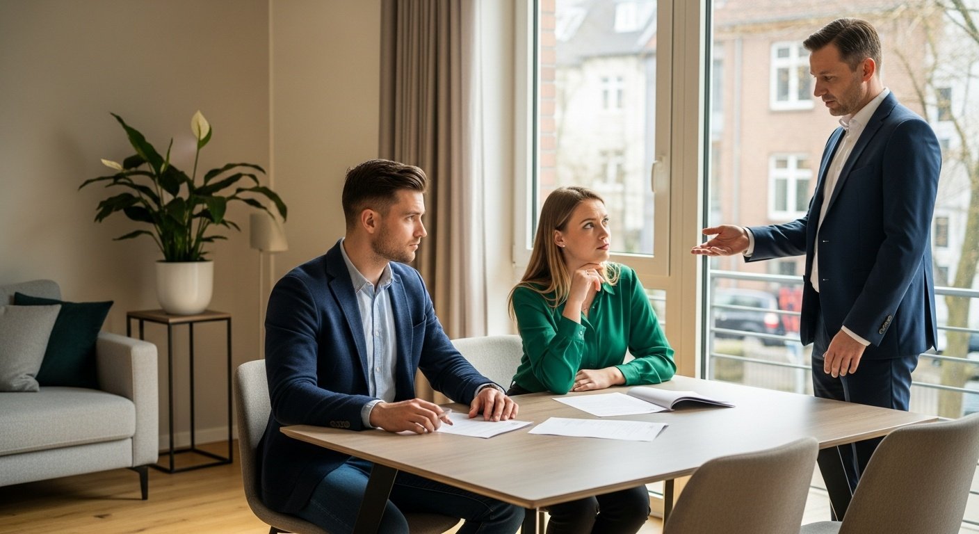 Paar bei Hausbesichtigung mit Makler - skeptisch und aufmerksam bei der Verhandlung