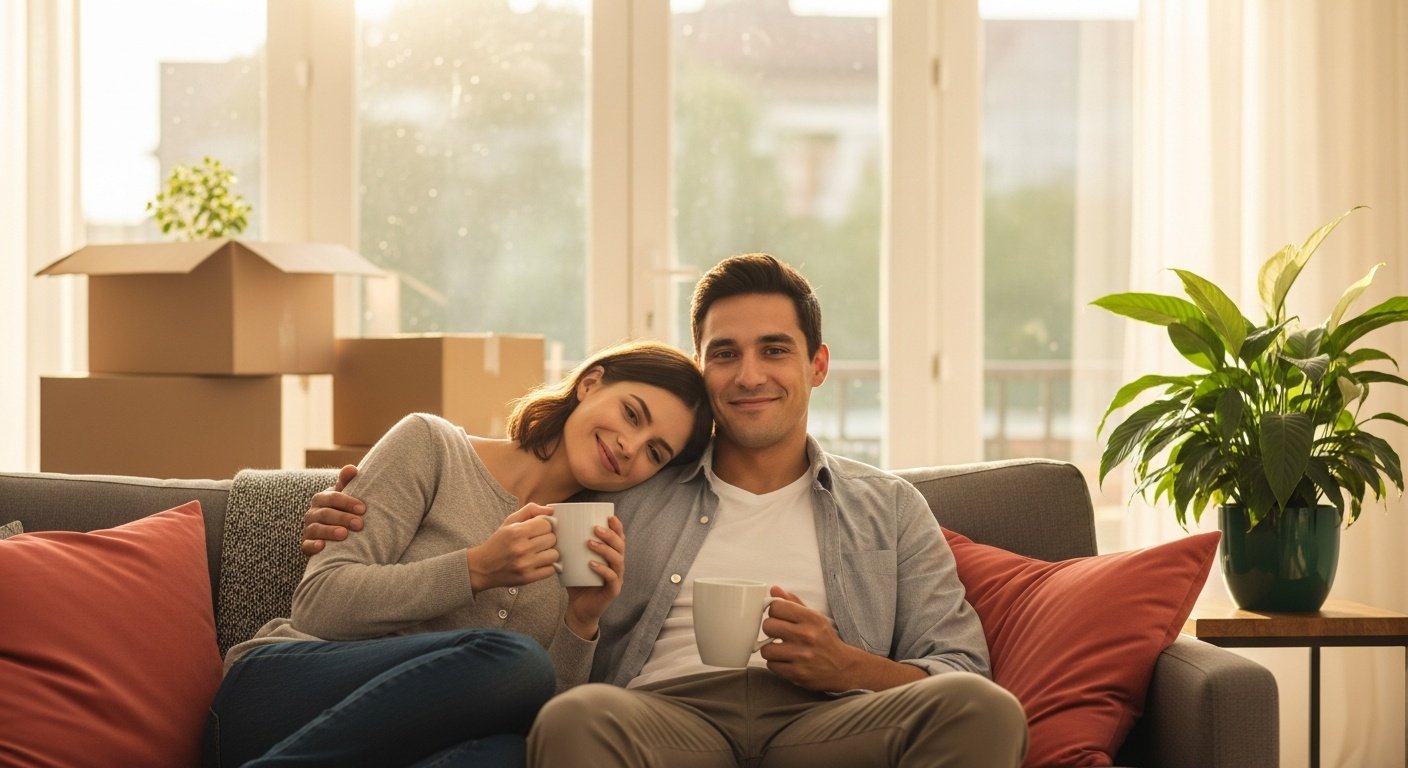 Entspanntes Paar im neuen Zuhause - Hauskauf ohne Stress