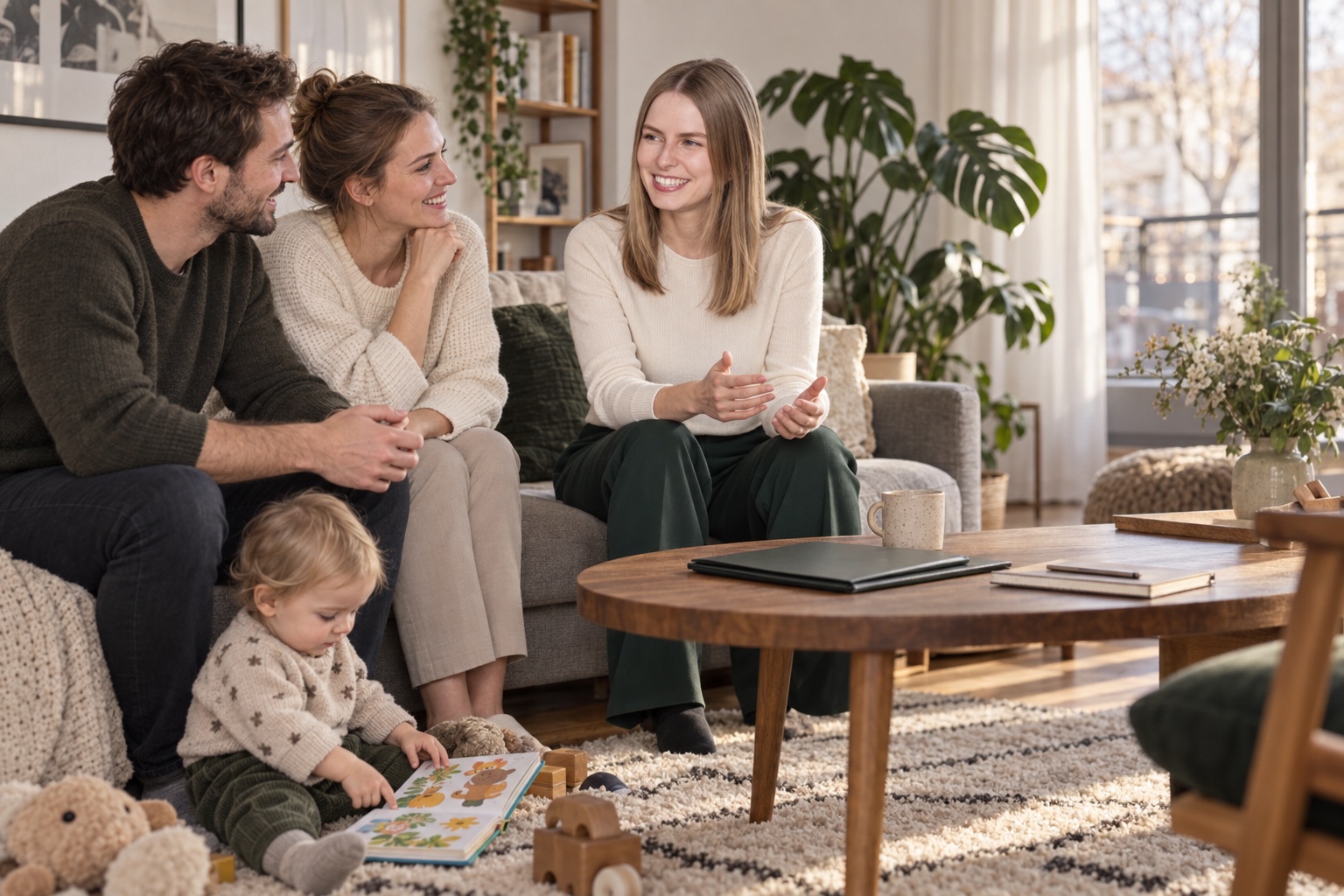 Uta Möllmann berät eine junge Familie im Wohnzimmer zum Hauskauf in Berlin